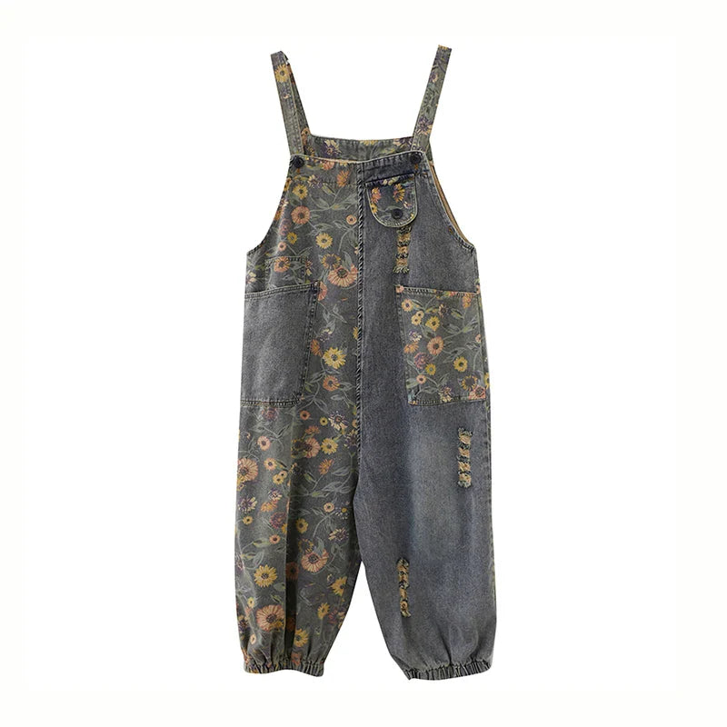 Casual Oversized Floral Print Denim Overalls for Women Loose Wide Leg Mom Jeans Romper Jumpsuit with Cargo Straps Baggy Pants