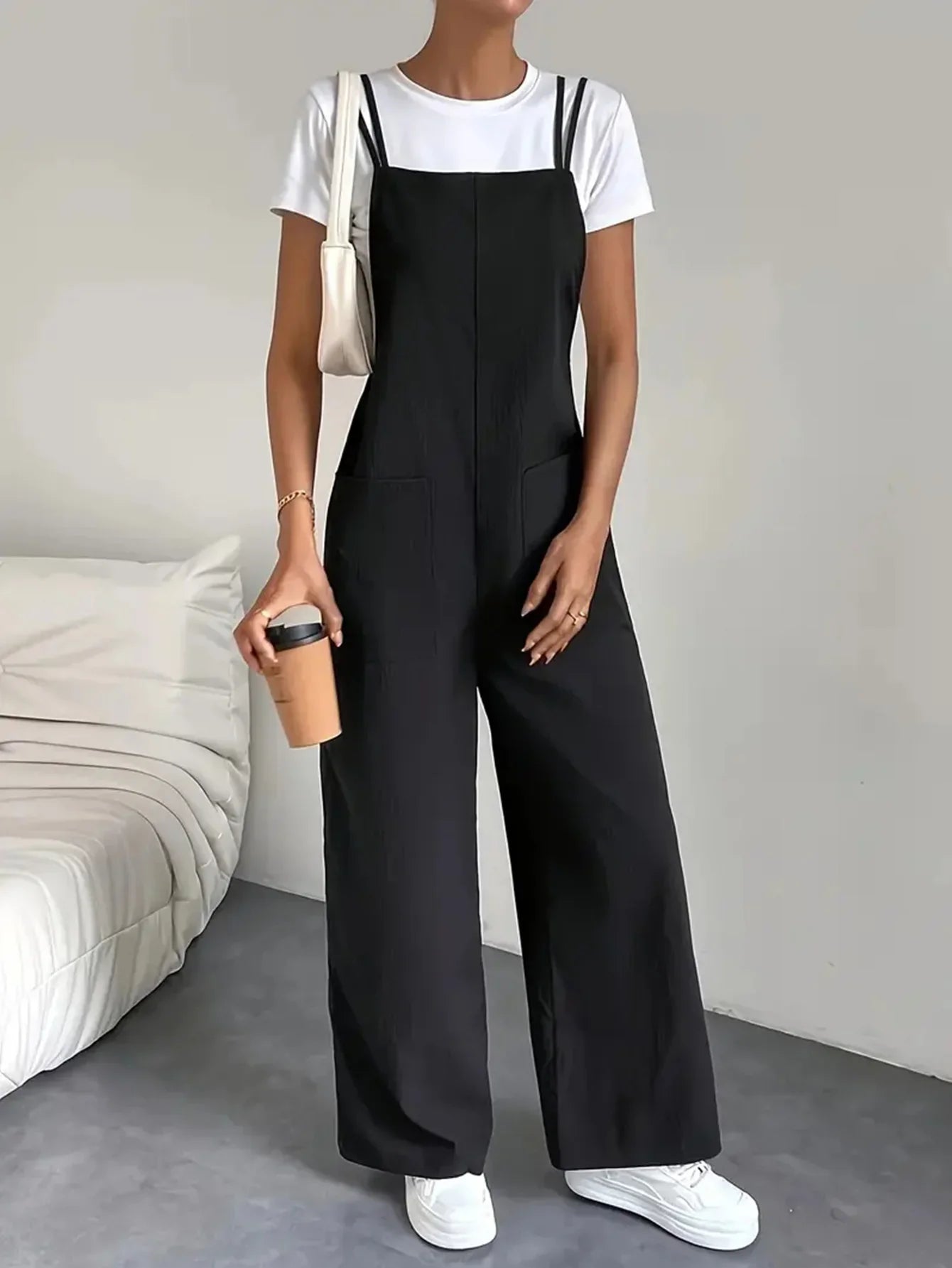 Casual Women's Pure Black Jumpsuit with Pockets and Adjustable Shoulder Straps Slim Fit Straight Leg Wide Leg Workwear Pants