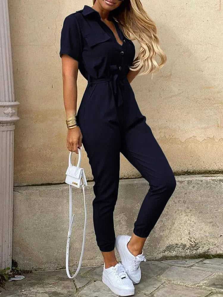 Casual Chic Overalls for Women Lapel Lace-Up Print Belted Work Jumpsuit One-Piece Bodysuit Elegant Long Sleeve Jumpsuit with Stylish Fit