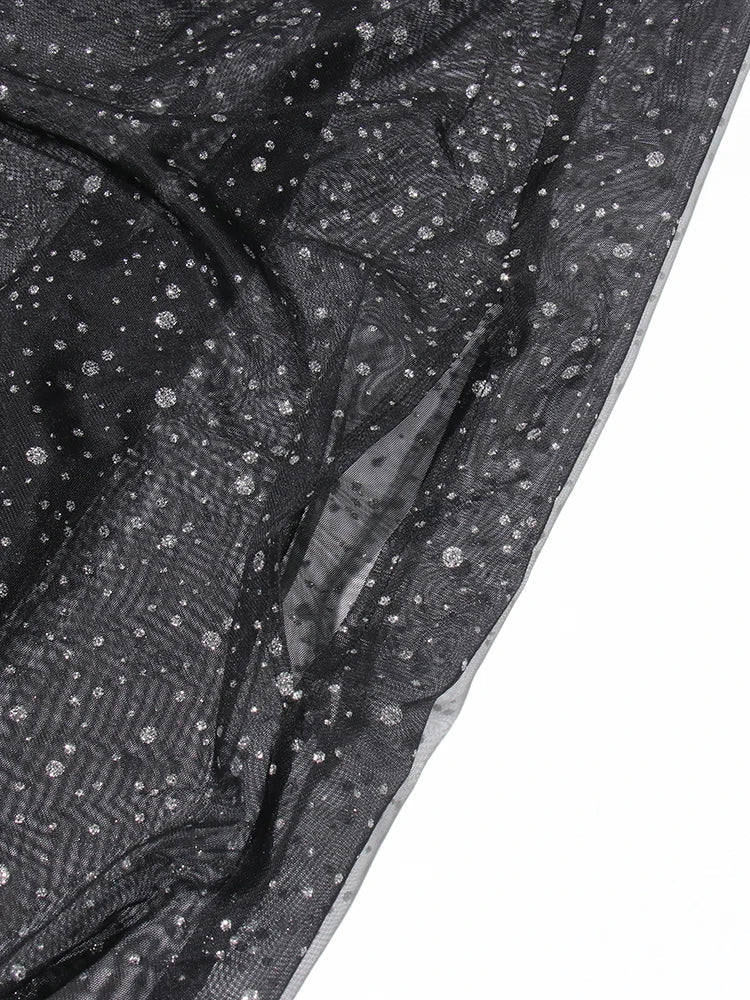 Sequin Patchwork Dress With Round Neck Mesh Sleeves