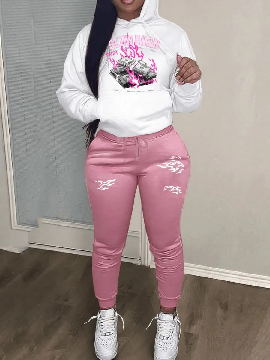 Kangaroo Pocket Hooded Tracksuit for Women - Casual Patchwork Long Sleeve Sweat Outfit