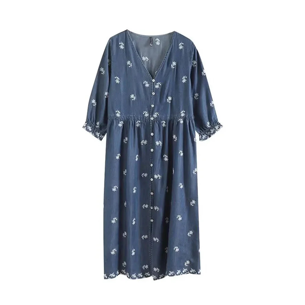 Womens V Neck Embroidered Dress Casual Elegant Short Sleeve