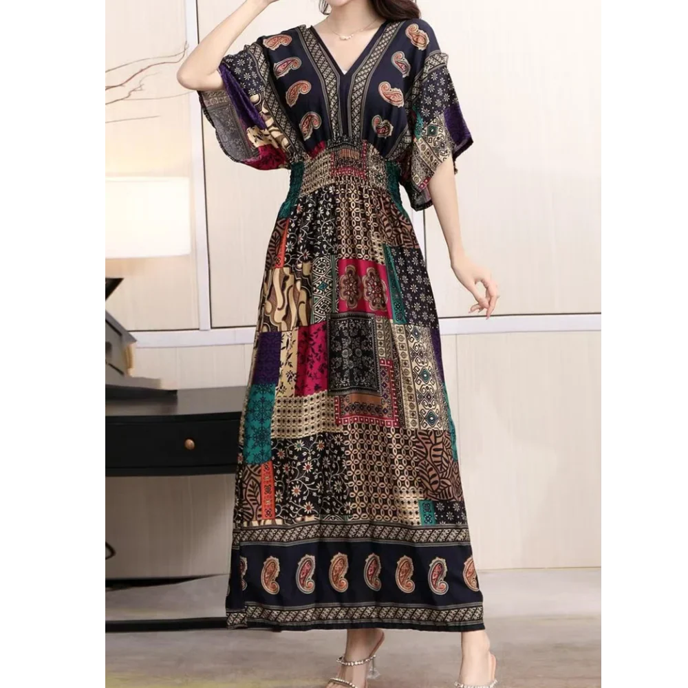 Boho Chic Midi Dress With Slash Neck Romantic Print