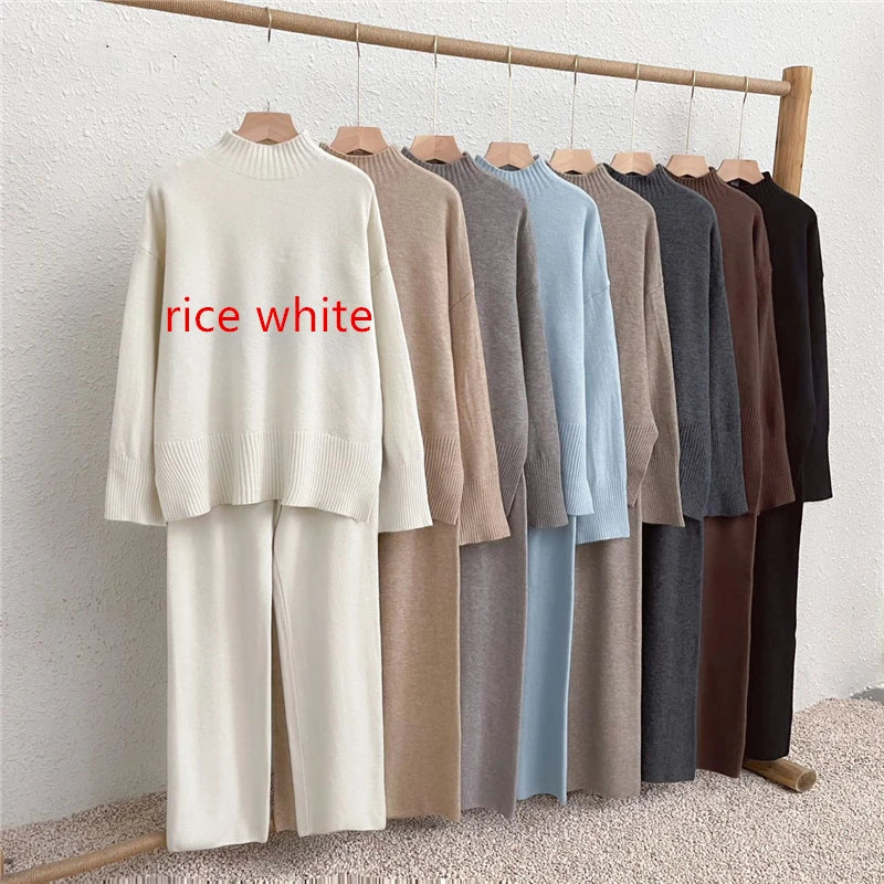 Cozy Split Knit Sweater and Casual Pants Two-Piece Set for Women Soft Solid Color Autumn Winter Outfit