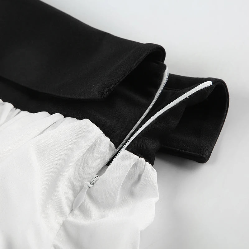 Slim Contrast Color Two-Piece Dress Set for Women Bandage Slash Neck Halter Top with Low-Waisted A-Line Skirt Elegant Sweet Casual Outfit