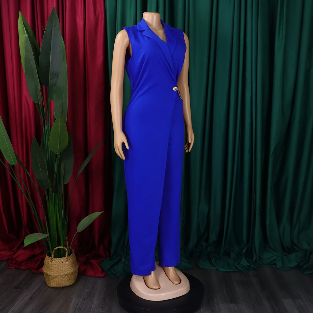 Elegant Sleeveless Jumpsuit with Turn Down Collar High Waisted V Neck Straight Leg Romper for Women Birthday Party Overalls