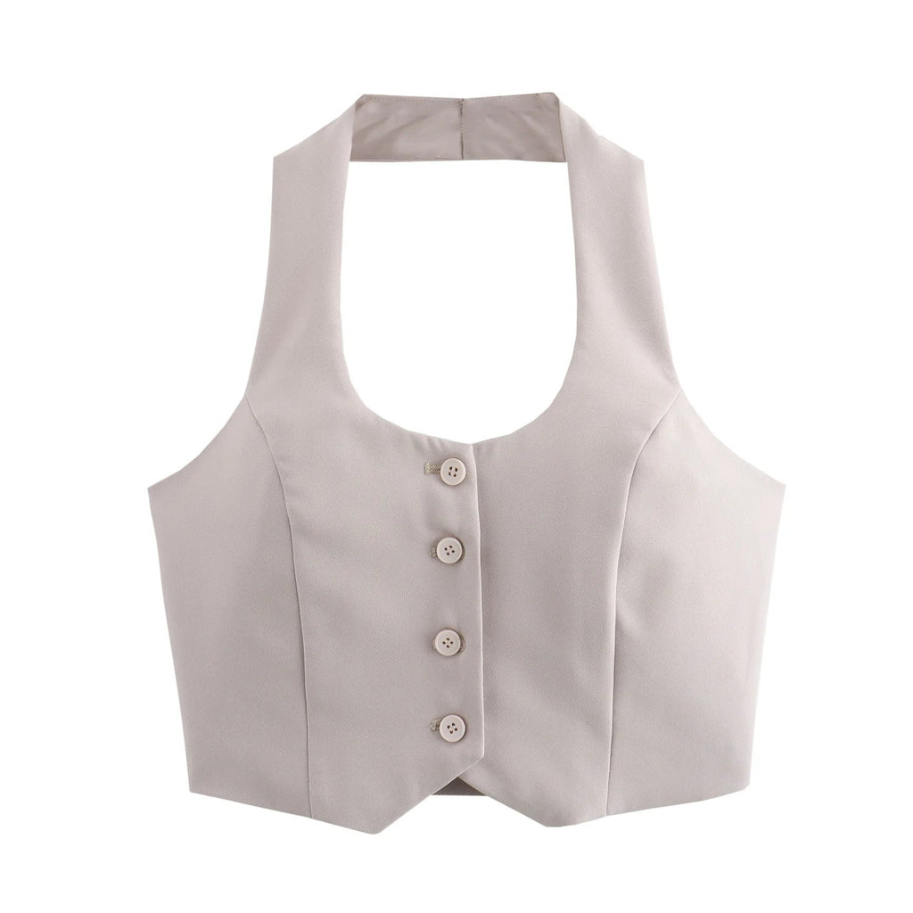 Women Fashion Solid Vest Pant Suit Set with Single Breasted Halter Cropped Top and High Waist Patchwork Trousers for Office Wear