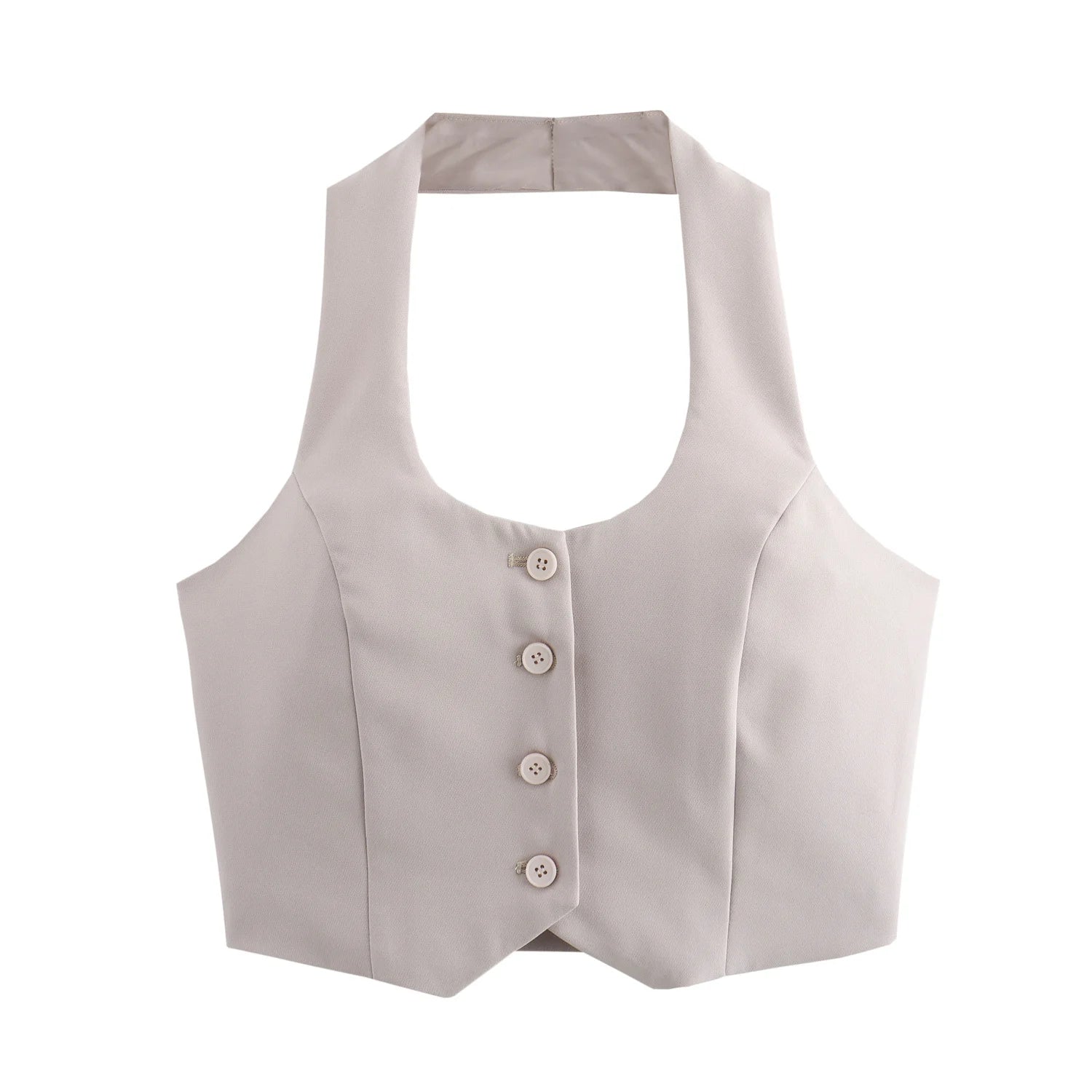 Women Fashion Solid Vest Pant Suit Set with Single Breasted Halter Cropped Top and High Waist Patchwork Trousers for Office Wear