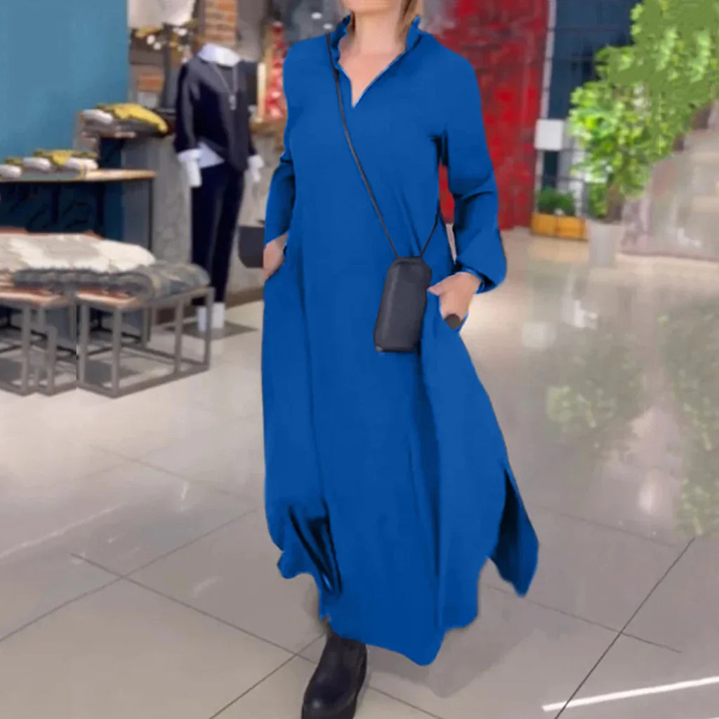 Casual Loose Fit V-Neck Long Sleeve Solid Color Dress