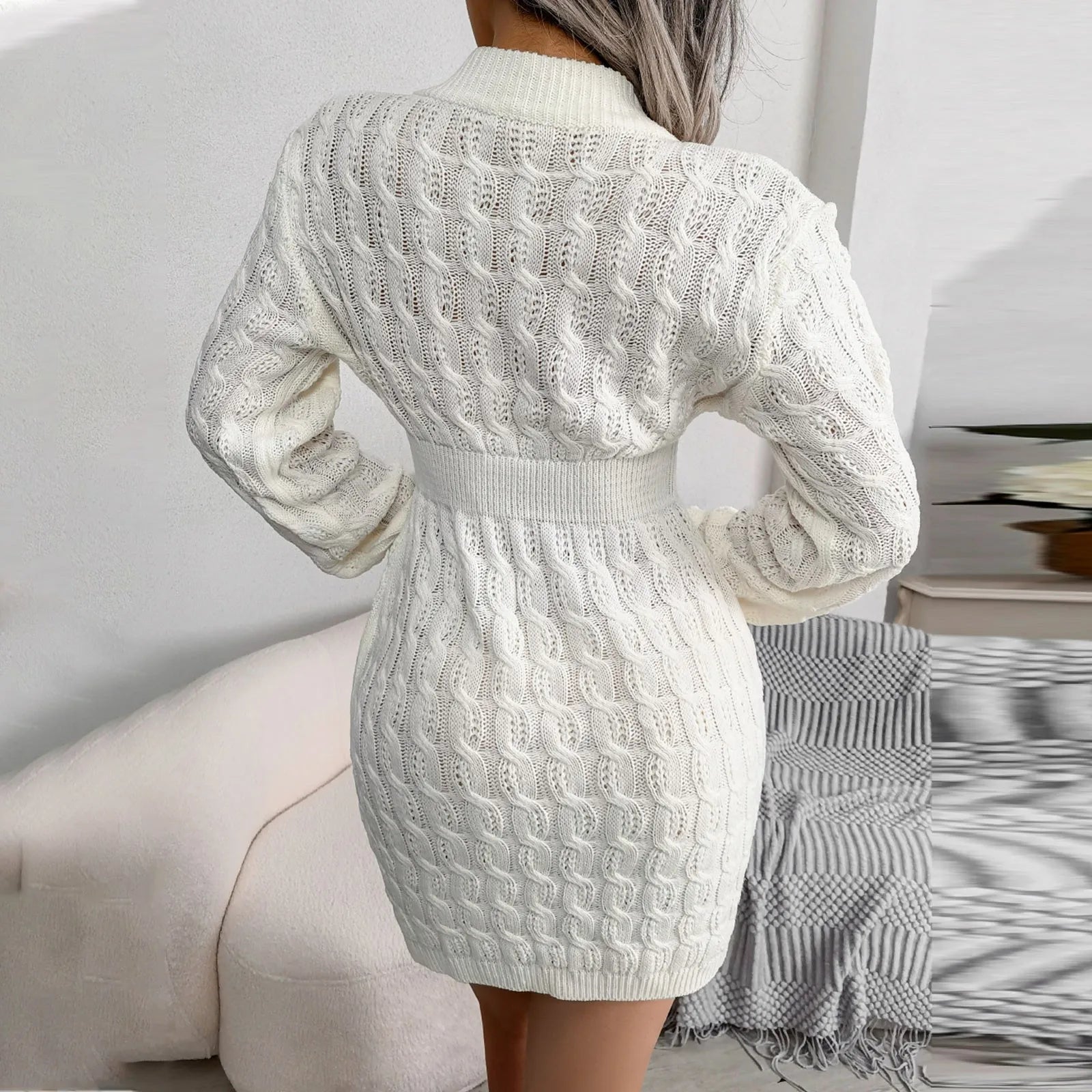 Autumn Winter Womens Round Neck High Waist Sweater Dress