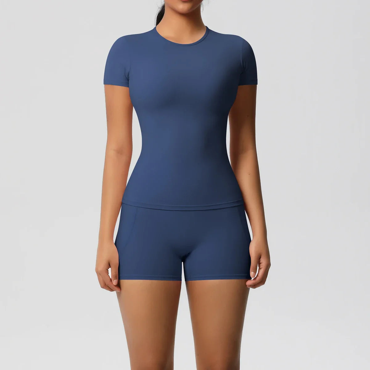 2PCS Women's Yoga Set with Pocketed Shorts and Short Sleeve Crop Top Sports Bra Comfortable Fitness Tracksuit Activewear for Gym and Outdoor Workouts