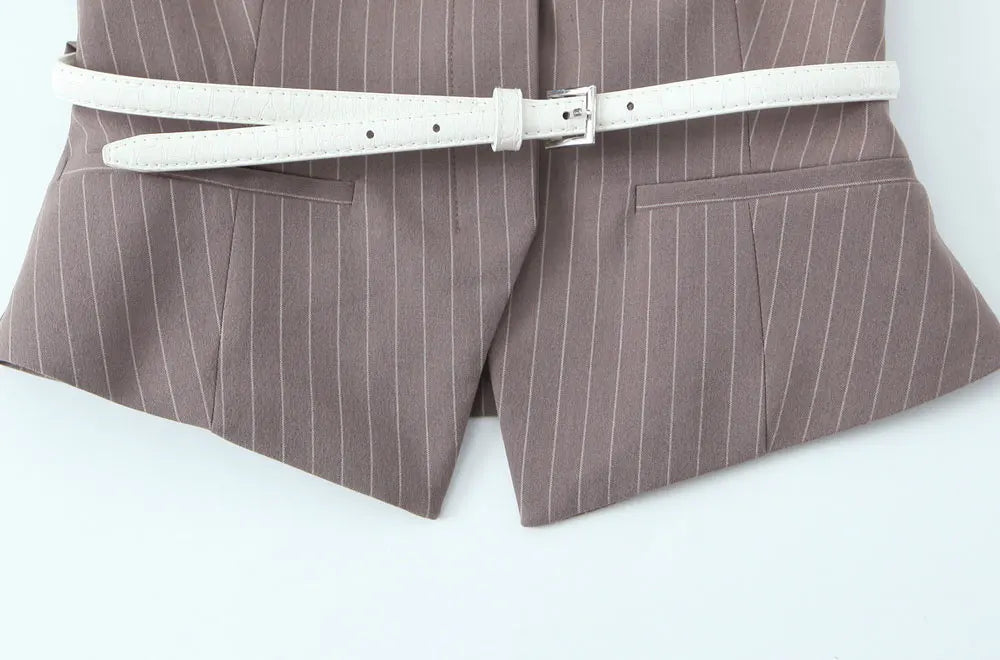 Women's Fashion Striped Two-Piece Set with Belted Waistcoat Top and Low Waist Pocketed Pants
