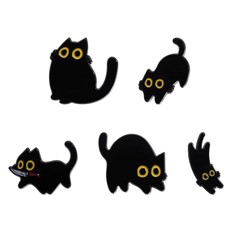 Cute Cat Enamel Pins Set of 4 to 6 Black Fluid Cat Brooches Lapel Badges Unique Animal Jewelry Gift