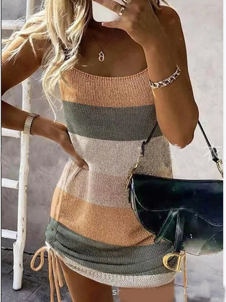 Women Knitted Bodycon Spaghetti Strap Mini Dress Solid