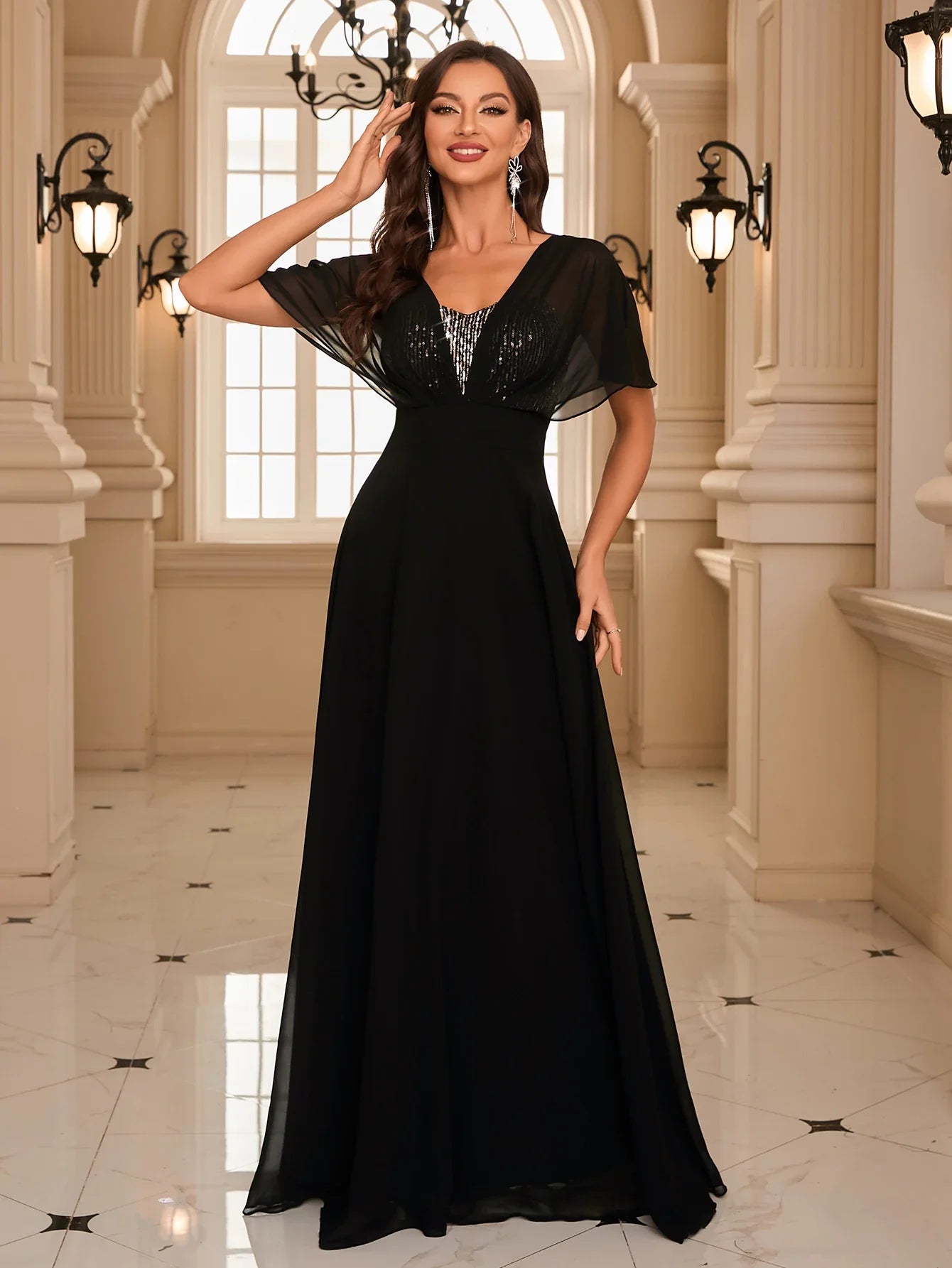 Backless Sequin Batwing Sleeve Chiffon Dress Patchwork