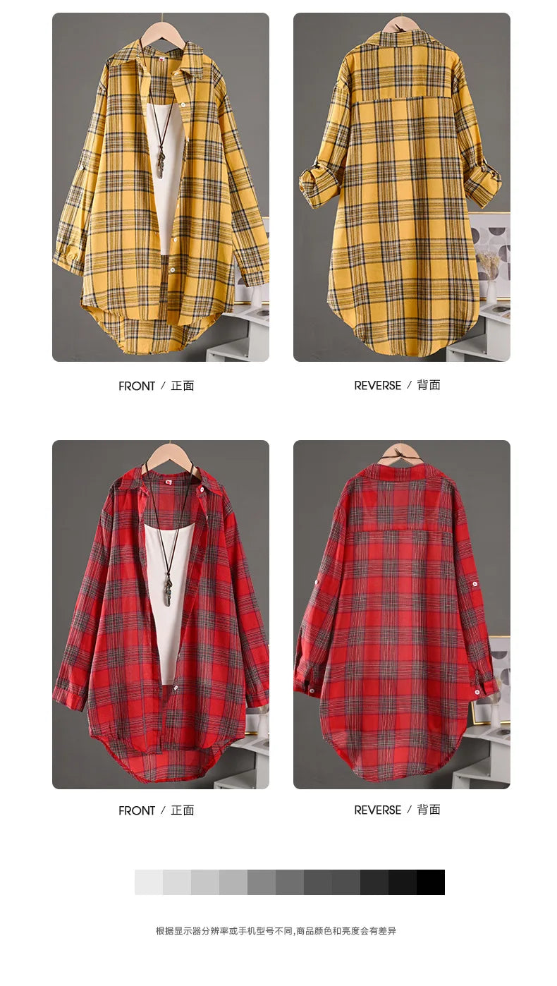 Women's Lightweight Cotton Linen Plaid Shirt Mid-Length Loose Jacket with Sun Protection for Spring and Summer Outerwear