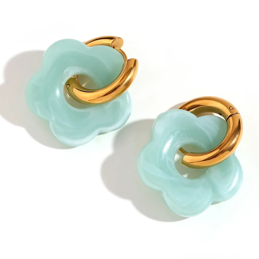 Colorful Resin Flower Drop Earrings for Women in Waterproof Stainless Steel Hoops