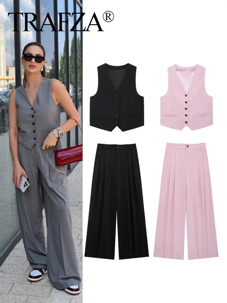 Solid Sleeveless V-Neck Vest and High Waist Zipper Loose Pants Set for Office and Casual Wear