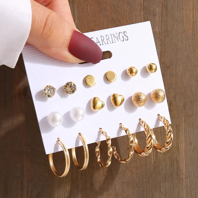 Gold Vintage Pearl Geometry Earrings Set for Women - Simple Trendy Dangle Jewelry