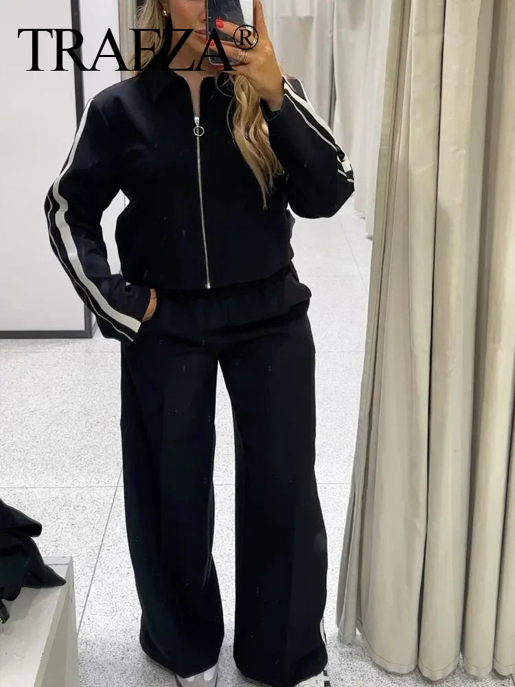 Women's Striped Sports Suit with Long Sleeve Zip Lapel Coat and High Waist Wide Leg Pants Two-Piece Set