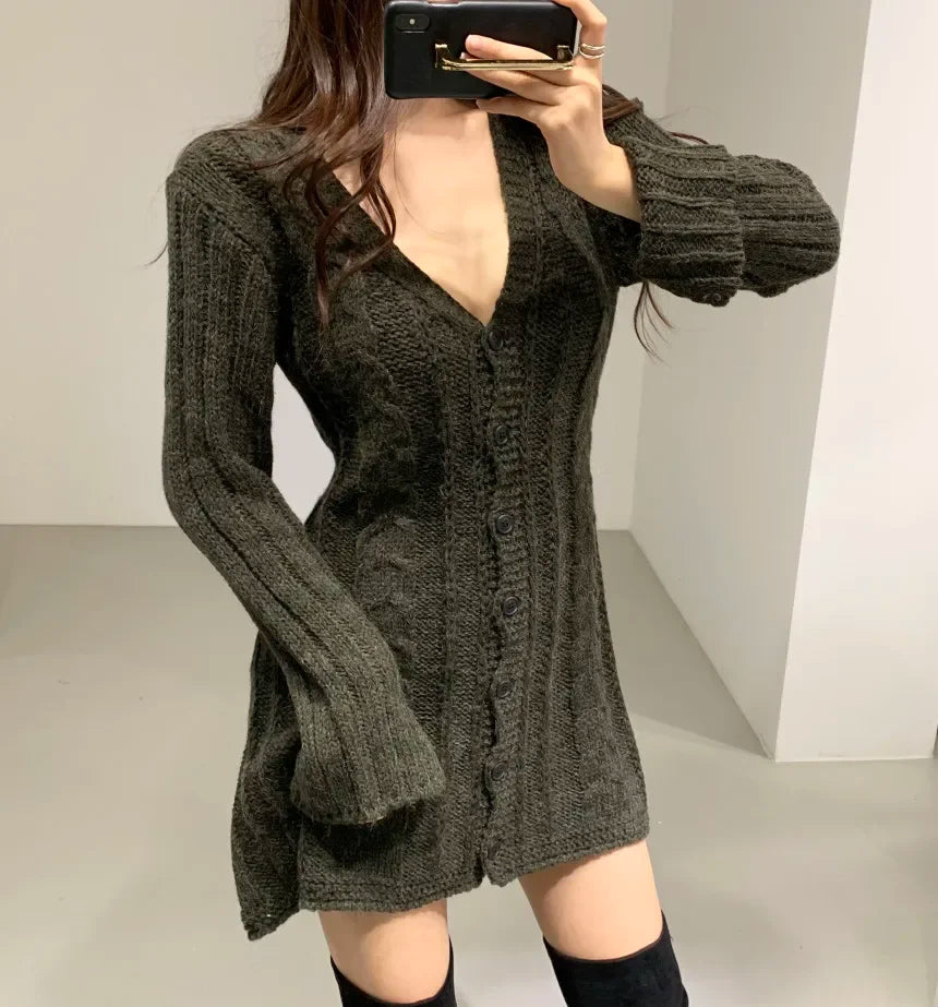Cable Knit Sweater Dress For Women Long Sleeve Button Down