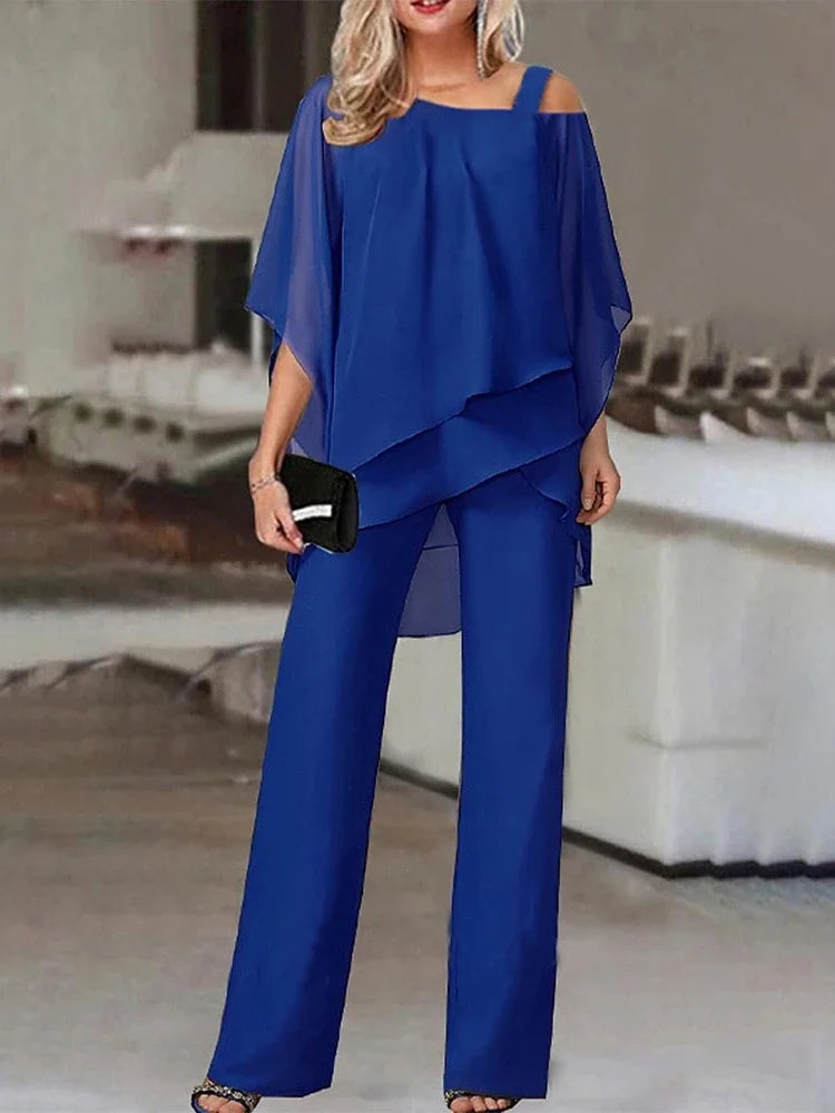 Fashionable Women's Two Piece Set with Bat Sleeve Top and Wide Leg Pants for Casual Parties
