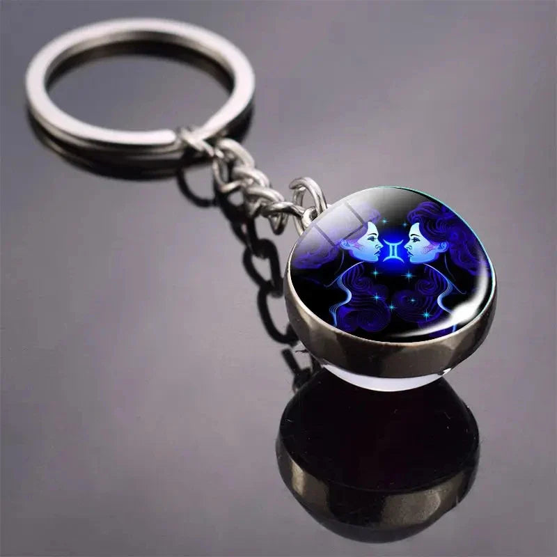 Luminous Zodiac Key Chain Double Sided Glass Ball Pendant for Men and Women Birthday Gift