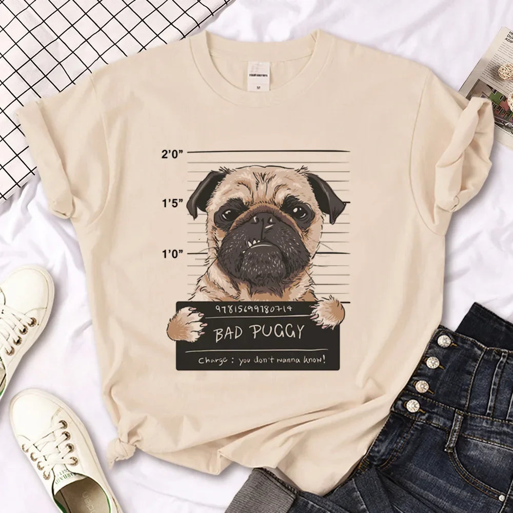 Pug Anime T-Shirt for Women Japanese Style Summer Streetwear Basic Tee