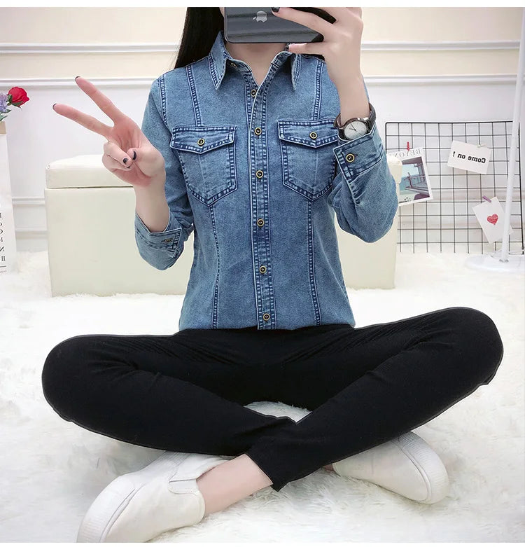 Women's High Quality Denim Shirt Long Sleeve Single Button Blouse with Pockets Casual Korean Style Autumn Winter Top