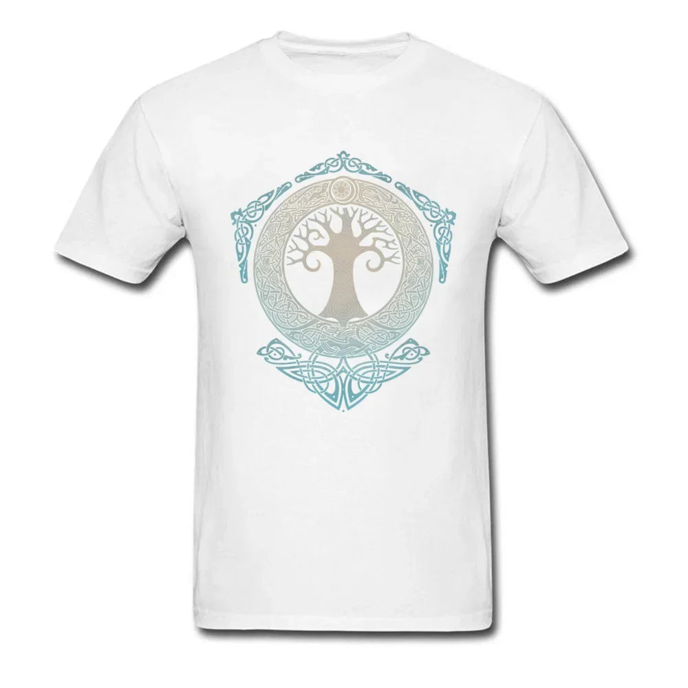 Yggdrasil Tree Of Life Cotton T-Shirt for Men Geometric Design Summer and Fall Black Tee