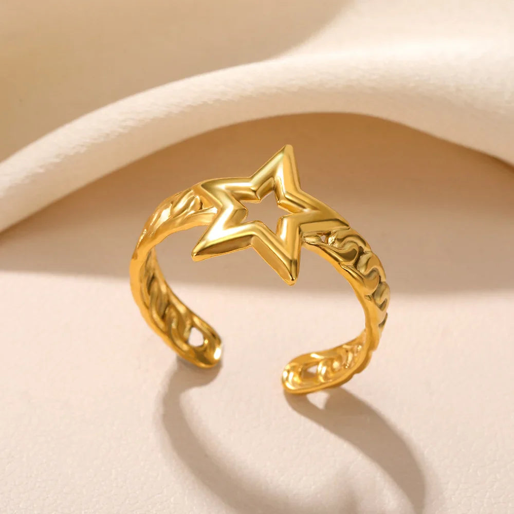 Adjustable 316L Stainless Steel Little Star Open Ring for Women - Trendy Gold Color Jewelry Gift for Weddings and Special Occasions