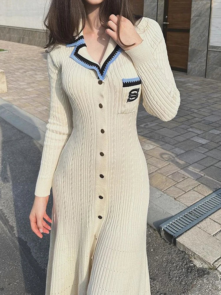 Knitted Sweater Dress With Embroidery Pocket Long Sleeve