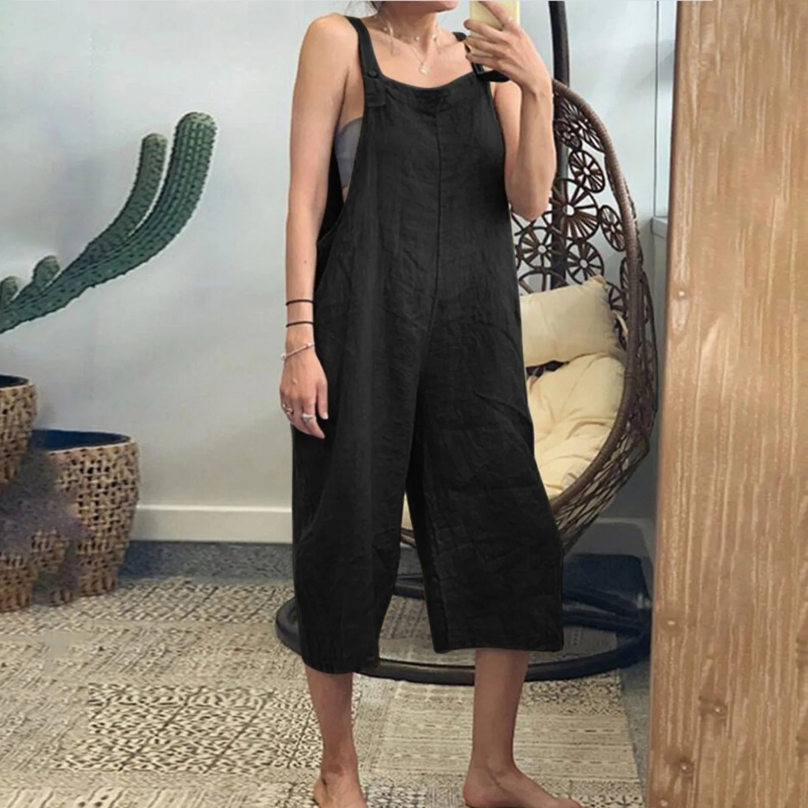 Solid Color Women Loose Cotton Linen Sleeveless Harem Jumpsuit Wide Leg Overalls Vintage Style Casual Romper Pants