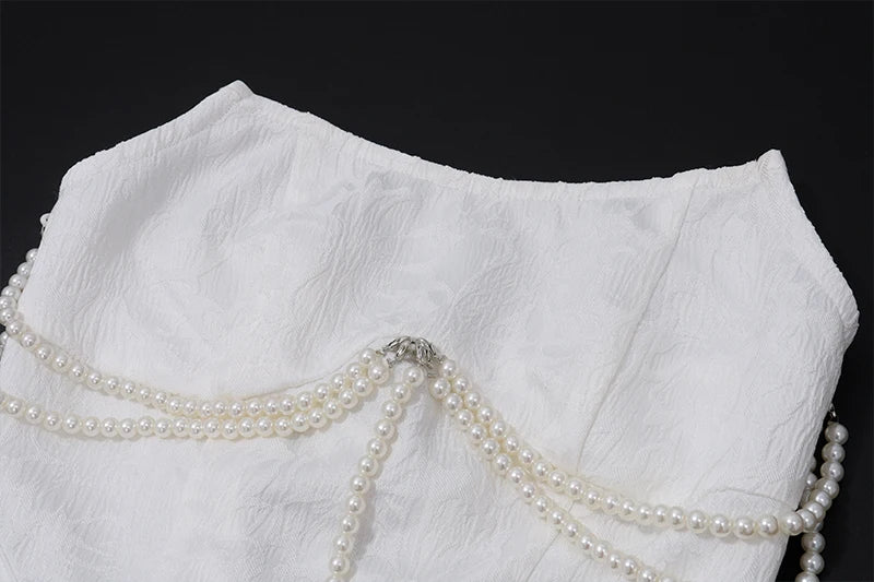 Solid Pearl Embellished Two Piece Set Sleeveless Floral Slim Fit Vest with Pleated Mini Skirt Summer Women's Fashion Ensemble