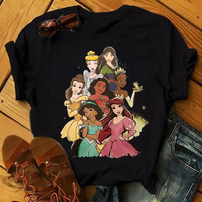 Cute Disney Princess Pattern Women's Cotton T-Shirt Short Sleeve Kawaii Graphic Tee for Casual Wear