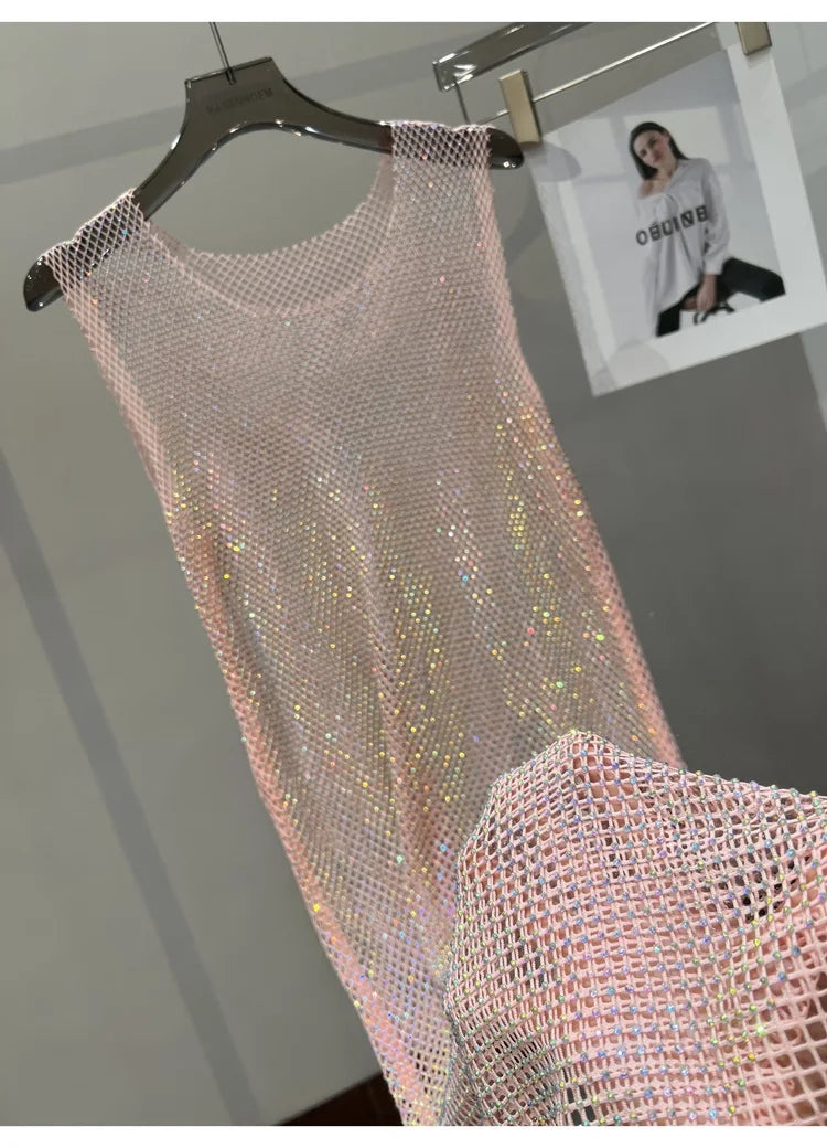 Rhinestone Mesh Midi Dress for Sexy Party and Clubwear