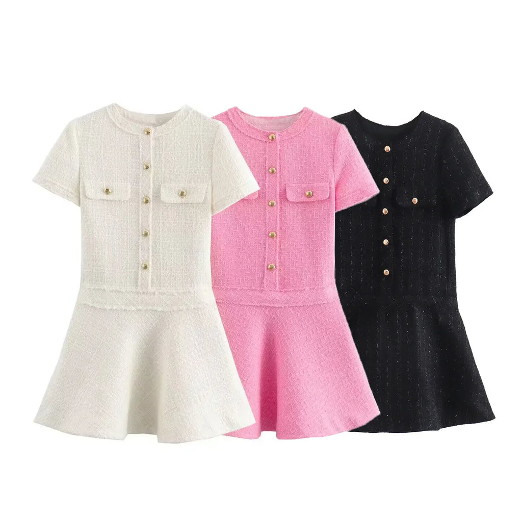 Women Textured Mini Dress Summer Round Neck Short Sleeve