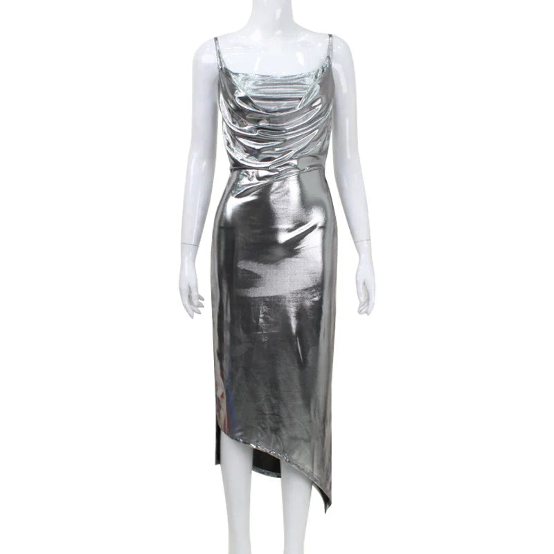 Silver Spaghetti Strap Backless Clubwear Dress High Split
