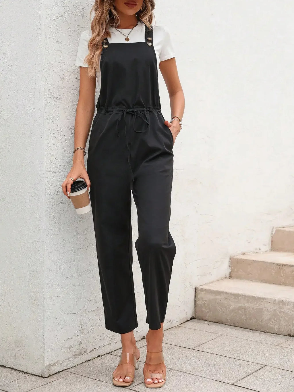 Elegant Stylish Women's Romper with Suspender Top Button Embellishment and Waist Drawstring Casual Jumpsuit