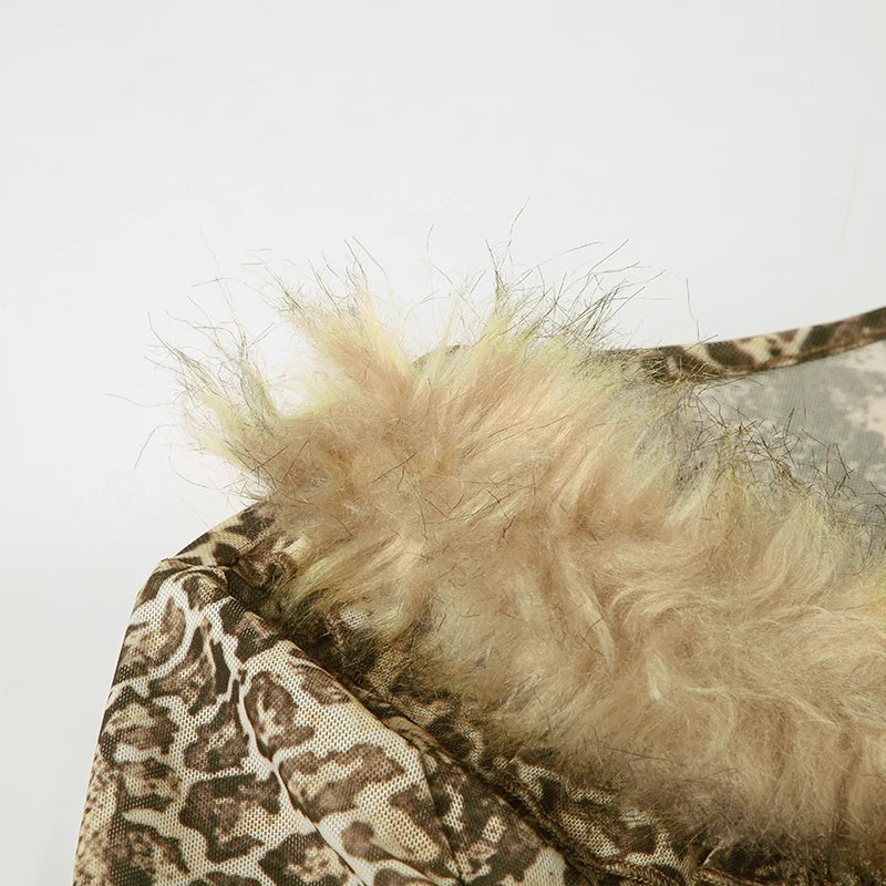 Casual Leopard Fur Trim Sheer Mesh V-Neck Long Sleeve Slim Bandage Blouse for Women