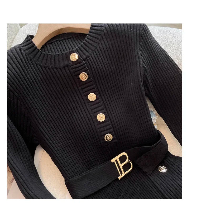 Womens Knitted Dress With Belt O Neck Bodycon Sweater Dress