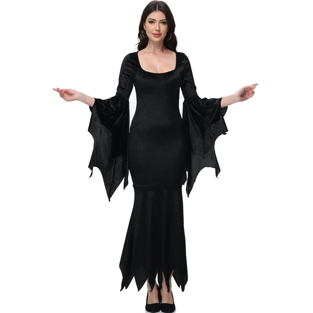 Morticia Addams Gothic Velvet Dress With Flared Sleeves