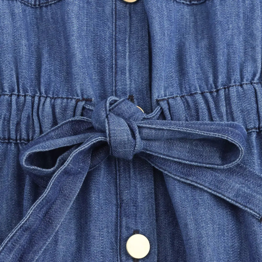 Women's Slim Fit Denim Shirt with Bow Decoration and Wide Leg Loose Long Suit