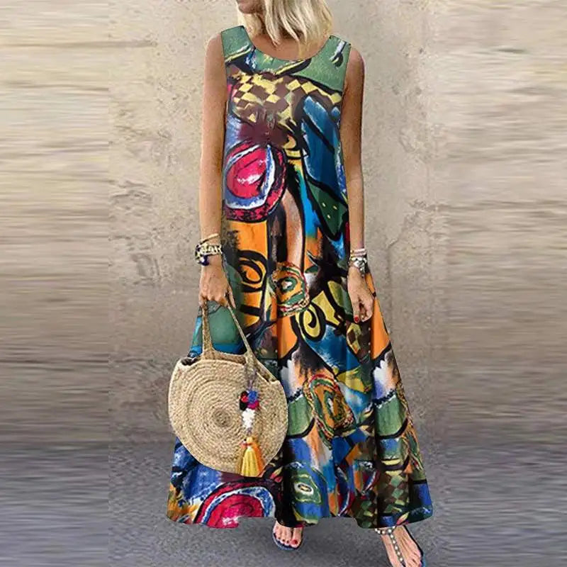 Bohemian Floral Dress Women Sleeveless O Neck Sundress