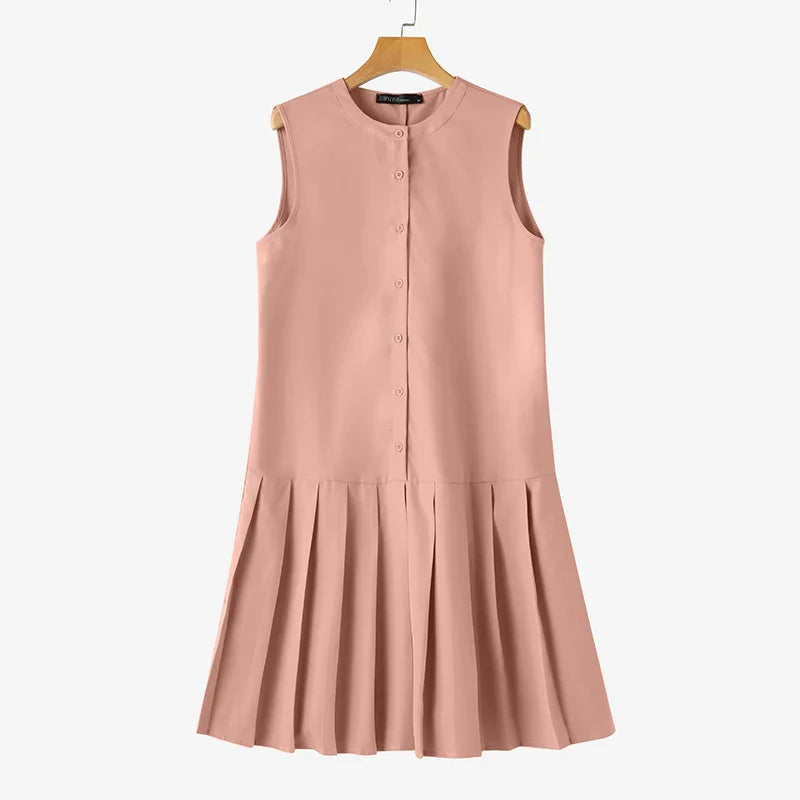 Pleated Button Mini Dress With Tank Sleeveless O Neck