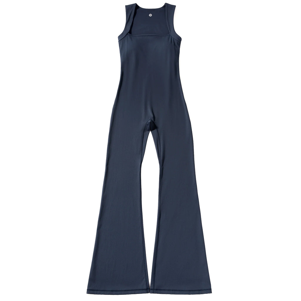 Women's Sleeveless Square Neck Bodysuit with Flared Pants Casual Fitness Jumpsuit Full Season Streetwear Playsuit