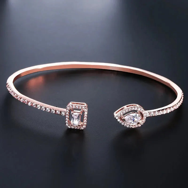 Geometric Gold Color Cuff Bangle with Cubic Zirconia for Women Fashion Jewelry