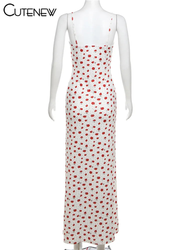 Rose Print Maxi Dress for Women Summer Bodycon Style