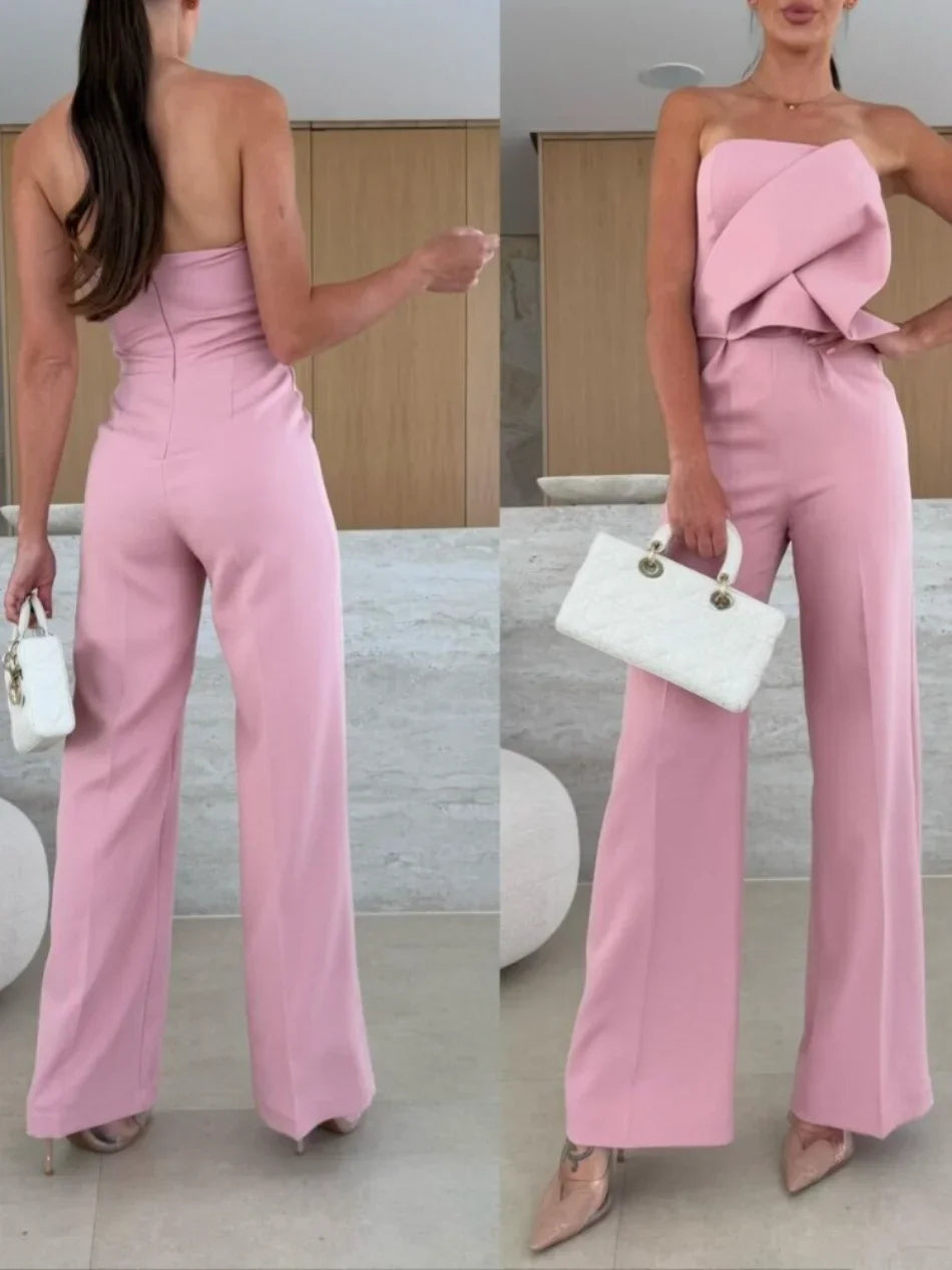 Women's Summer Jumpsuit Casual Office Wear Solid Color High-Waisted Wide-Leg Low Back Tight Fit Stylish Romper