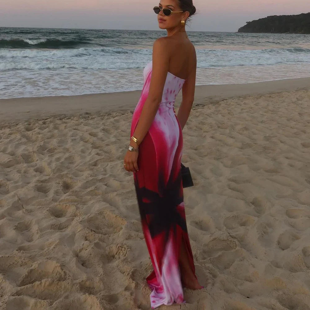 Patchwork Strapless Maxi Beach Dress With Printed Pattern